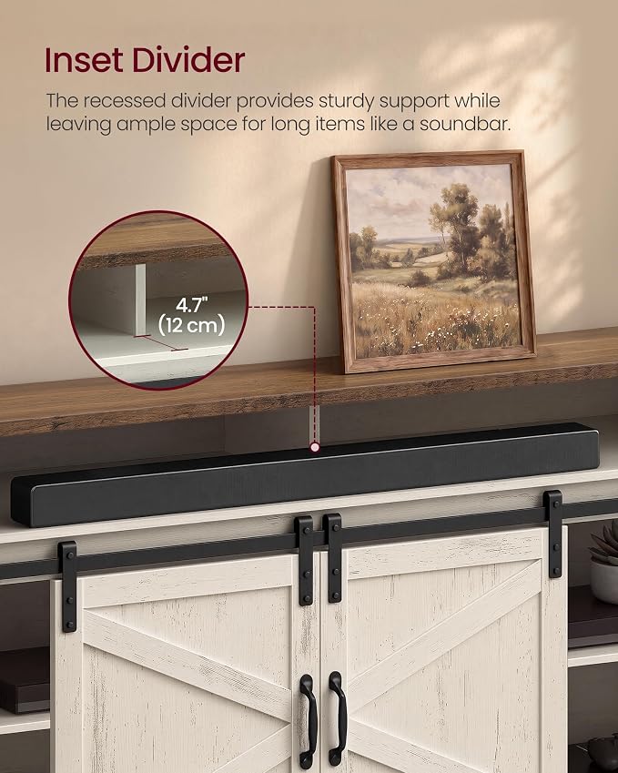 VASAGLE Tall Farmhouse TV Stand, Entertainment Center with Barn Doors, Storage Media Console Table for Living Room, 58.3 x 15.7 x 31.9 Inch, Rustic White and Honey Brown, LIRY Collection ULTV031W101S