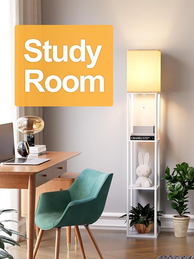 Floor Lamp with Shelves for Living Room 2 Pack, Shelf Floor Lamp with 3 CCT LED Bulb, Corner Display Standing Column Lamp Etagere Organizer Tower Nightstand with White Linen Shade for Bedroom, White