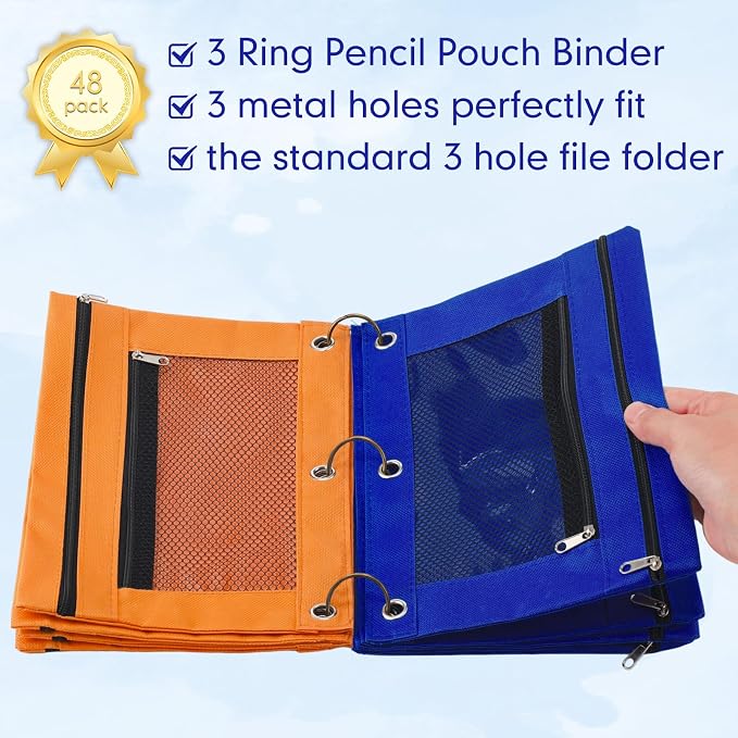 Leelosp 48 Pack Pencil Pouch for 3 Ring Binder,Blue, Orange | Bulk Mesh Zipper Binder Pouches Pencil Boxes for Classroom Pencils Case Bags for Storing School Students Teacher Supplies