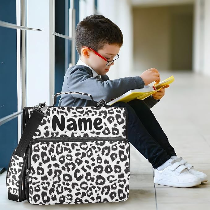 Custom Black and White Leopard Print 3 Ring Binder Bag 1.5 inch Personalized Name Binder Organizer 500 Sheet Documents Storage for School Office