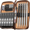 Nicpro 17PCS Metal 2mm Mechanical Pencil Set in Leather Case, 5 PCS 2.0 mm Lead Pencil Holders (4B 2B HB 2H 4H) 6 Tube Black Colored Lead Refills, Erasers, Sharpener For Art Drafting Sketching Drawing