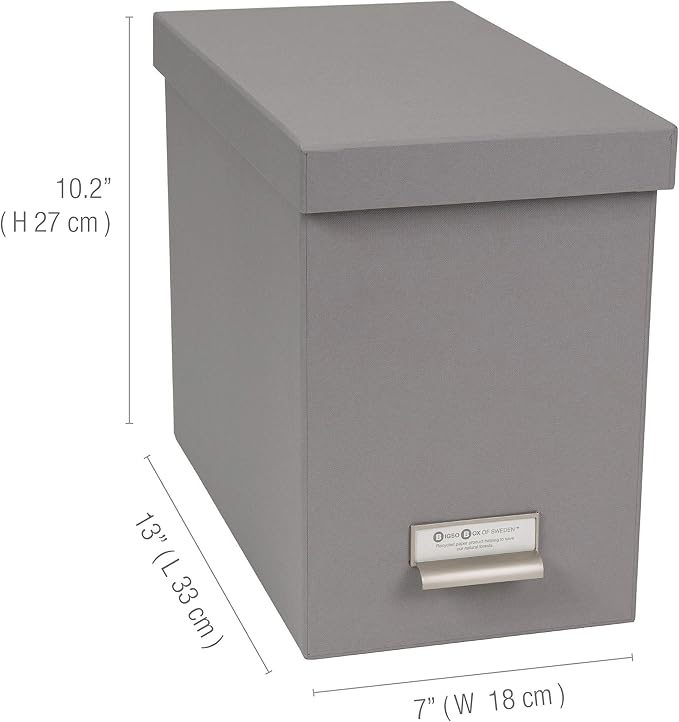 Bigso John Fiberboard Label Frame Desktop File Storage Box - Document Organizer for Important Paperwork - Durable Hanging File Box with a Lid & Metal Label Window - 7.36 x 13.38 x 10.51 in - Grey