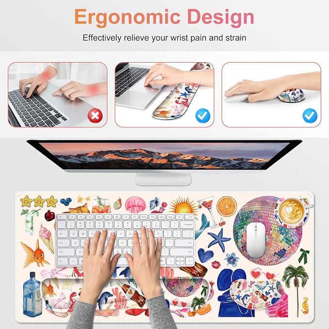 Large Gaming Mouse Pad Set, 4 in 1 Ergonomics Keyboard Desk Mat with Memory Foam Wrist Rest, Computer Extended Game Mousepad, Non-Slip Desk Matt Easy Typing Pain Relief I Colorful Stickers