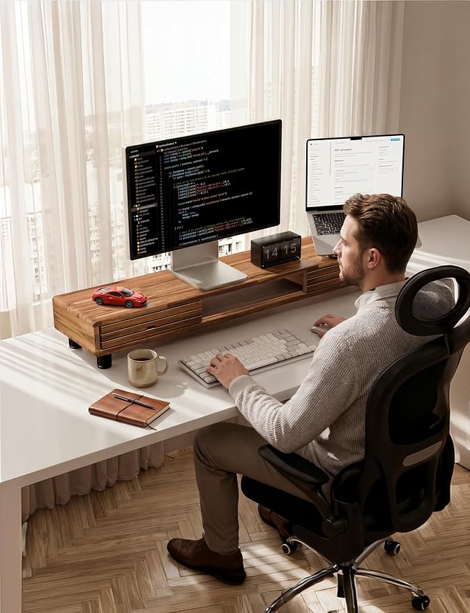 Tinamo 42.5" Dual Monitor Stand Riser with Sliding Doors – Solid Acacia Wood Desk Shelf for 2 Monitors, Desktop Organizer with Storage, Ergonomic 5" Height for Computer, Laptop, Printer, TV