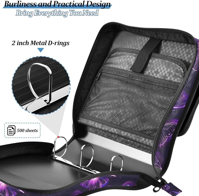 Butterflies Purple Neon 3 Ring Binder Bag 1.5 inch Binder Organizer with Zipper Shoulder Strap 500 Sheet Documents Storage for School Office