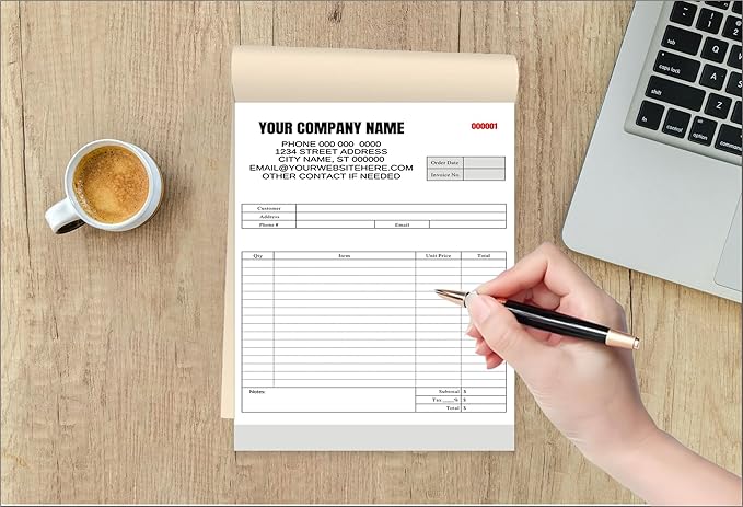 Custom Carbonless Invoice Book with Logo, Personalized Cover & Inner Pages, 2 Part NCR Receipt & Work Order Forms, Easy Tear, Writing Shield for Small Business (2-Part [White/Red], 11.8x8.3INCH)