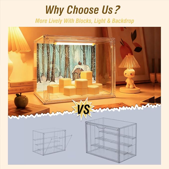 Clear Acrylic Display Cases for Collectibles with LED Light,DIY Scene, with Backdrop, No Dust , No Moisture, for Figures Collection Display Cabinet (27*17*22cm/10.6×6.7×8.6 in)