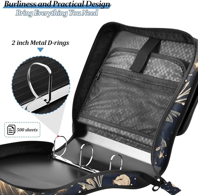3 Ring Zipper Binder with Shoulder Strap White Mystical Fox Star 2 Inch Zippered Binder Bag 500 Sheet Capacity Multi Pockets for School Supplies