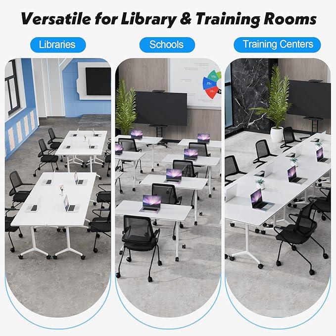Goakwwuz Conference Room Table, Folding Conference Tables,Thicken Grey Tabletop,Flip Top Wooden Seminar Meeting Room Table for Conference Room Offices (10, White, 70.8”)