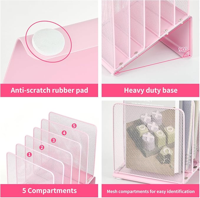 LEKETREE File Organizer for Desk, Desk Organizer with 5-Section Vertical File Rack, Folder Organizer,Workspace Organizers (Pink)