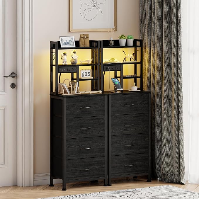 Tall Nightstand, LED Night Stand with Charging Station | USB Ports, 4 Fabric Drawers and 4 Tier Storage Shelf, Nightstands Bedside Tables for Bedroom, Dorm, Office (Black Oak)