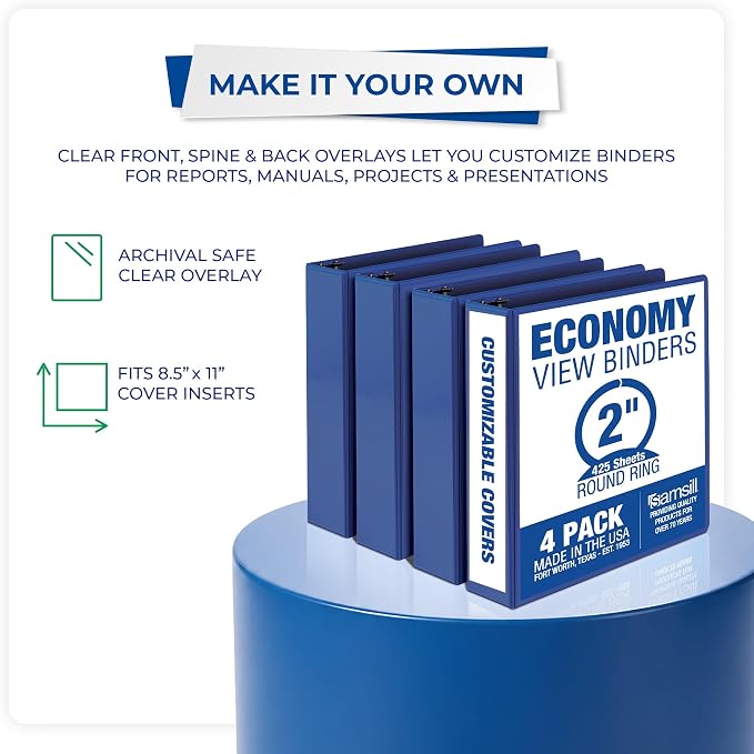 Samsill 2 Inch 3 Ring Binders, Economy Round Ring, Clear View Cover, 425 Sheet Capacity - for School, Home, Office - Blue, 4 Pack