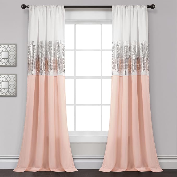 Lush Decor Night Sky Window Curtain Panel, Single 42"W x 84"L White & Blush - Sequin Backdrop Curtain - Room Darkening Curtains For Bedroom - Glam Decor