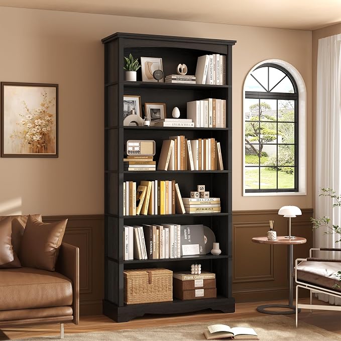 TVU 6-Tier Wooden Bookshelf, 76 Inch Tall Bookshelf with Storage, Floor Standing Modern Style Display Bookcase for Living Room, Office, Study Room, Entryway, Black