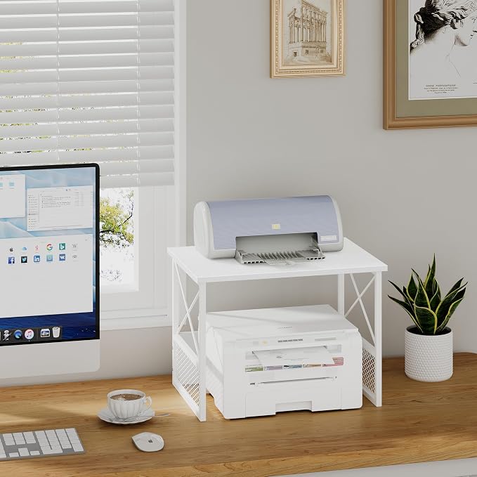 Printer Stand for Desk, Desktop Printer Stand Shelf Organzier for Home Office, for Above and Under Desk, Fax Machine Copier Scanner, White