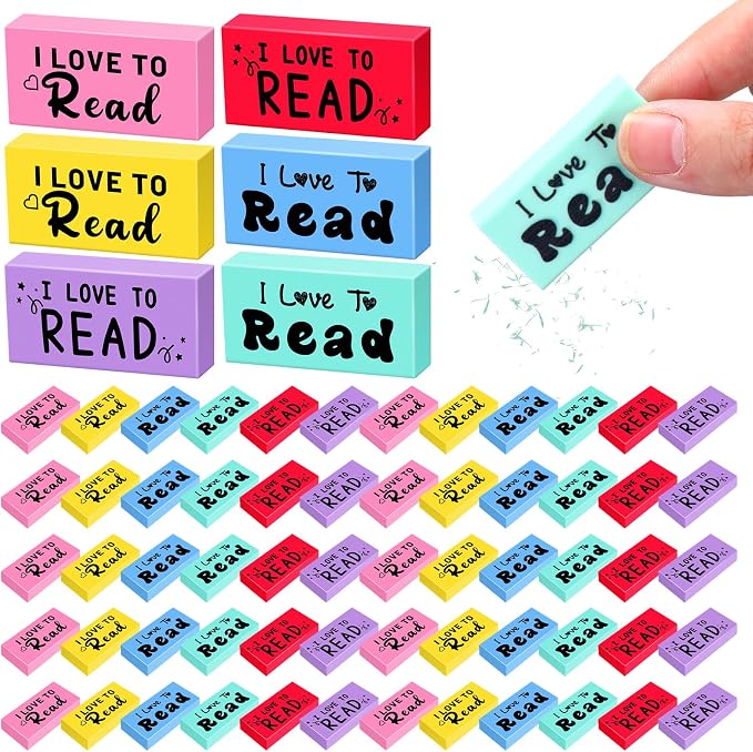 Dunzoom 100 Pcs Inspirational Erasers for Kids Back to School Gifts I Love to Read Small Colorful Pencil Erasers for Students Classroom Cute Motivational Gift for Drawing School Office Supplies