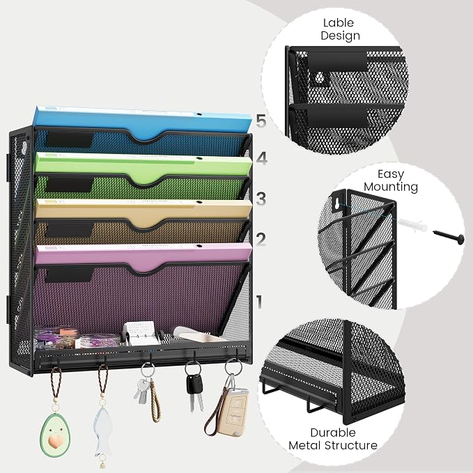 Hanging Wall File Organizer 5-Tier Wall Mount Mail Organizer | Desk Paper Organizer, Sleek Black Metal File Folder Holder for Office, Cubicle (Black-5 Tier)