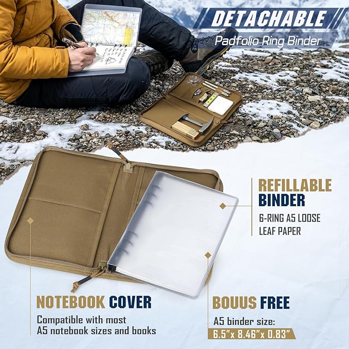 Molle Notebook Cover with Detachable A5 Clear Plastic 6-Ring Binder | 6.9x10" Zip Book Cover, 80 Refill Line Papers, 1“ O-Ring Padfolio binder, for Gift Planners Travel Feild Work School