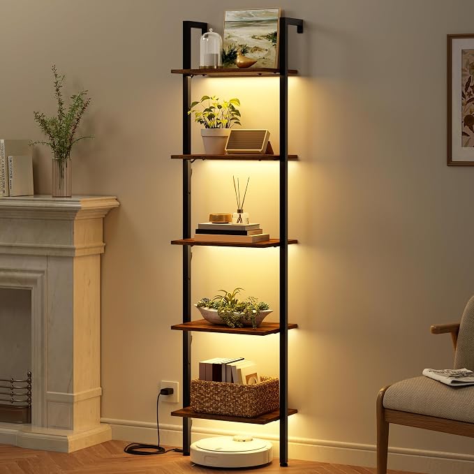 5 Tier Ladder Bookshelf with Light, Wall Ladder Shelf Rustic Brown