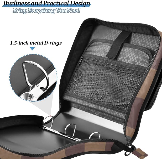 3 Ring Zipper Binder with Shoulder Strap Brown Checkerboard B 1.5 inch Binders Keeper Large Capacity Multi Pockets for School Office Supplies