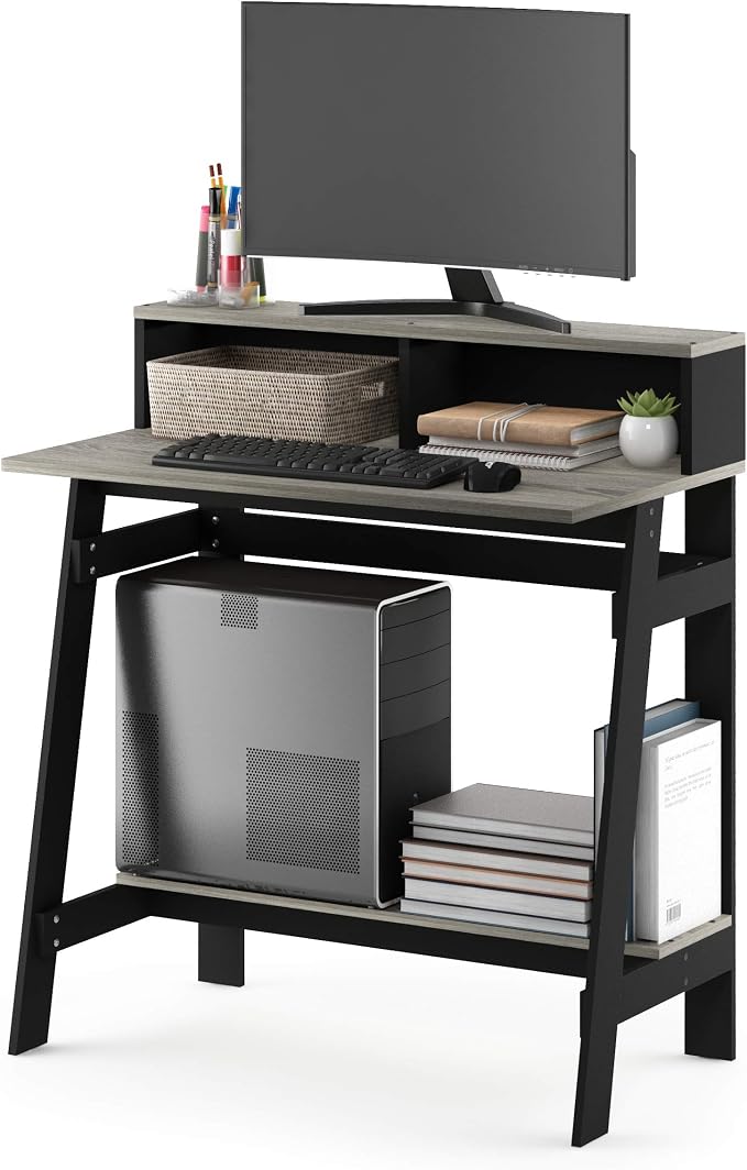Furinno Simplistic A Frame Computer Desk, Black/French Oak Grey | with Monitor Stand, A Frame Computer Desk, Office Desk, for Home Office, Bedroom, Study Room, Dorm