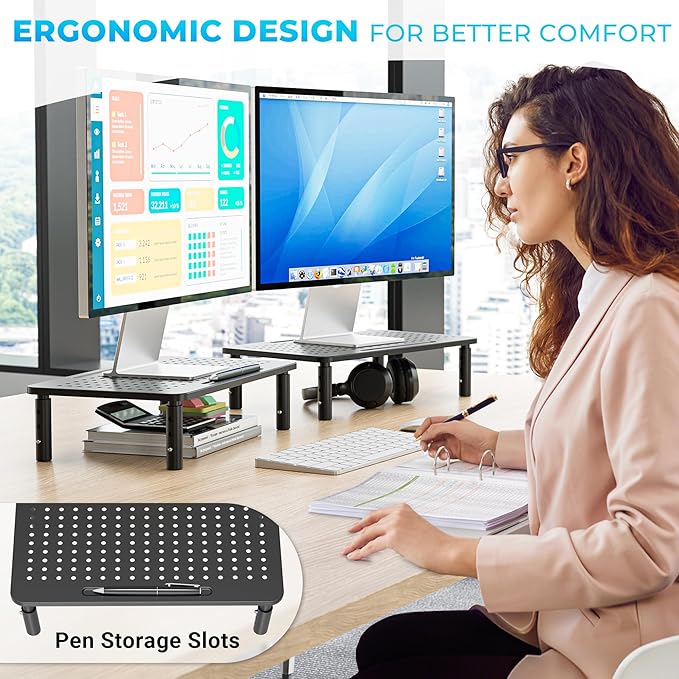 BONTEC Monitor Stand for Desk 1 Pack, 3-Level Height Adjustable | 14.5 x 9.1 in Ergonomic Metal Computer Stand with Pen Holder & Cable Management for Printer, Laptop and Office Workstation