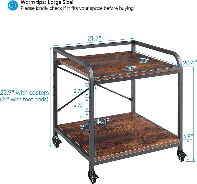 Fannova Large Size Under Desk Printer Stand, Height Adjustable Top Shelf | Table Top 20"x20", Fits 3D/Laser Printer, Heavy Duty Industrial Wheels, 2 Tier Rolling Cart Home Office Storage, Rustic Brown