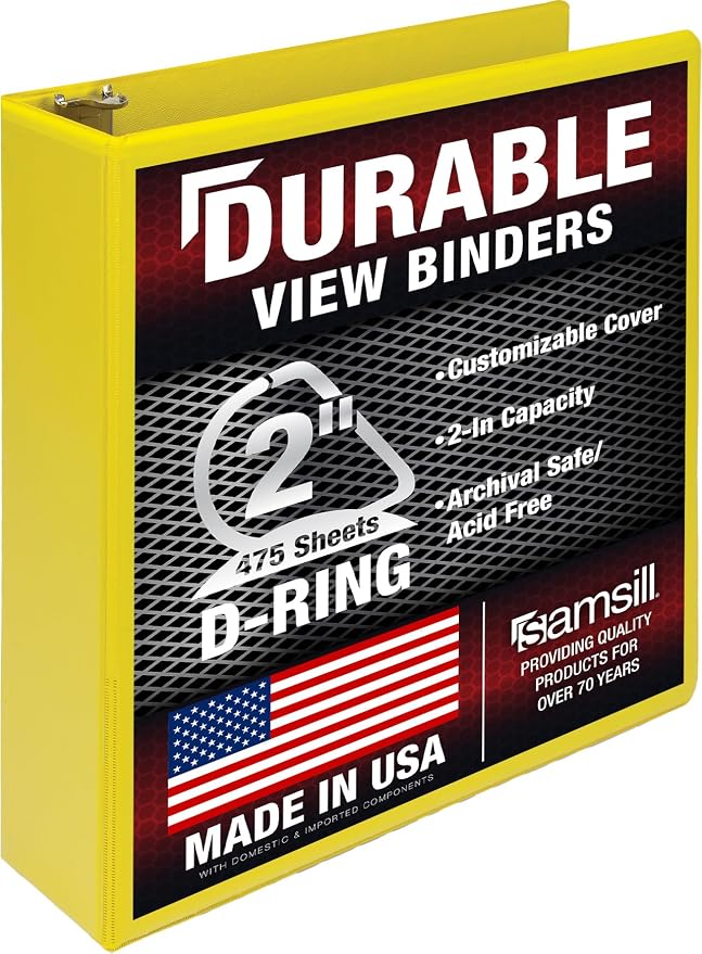 Samsill Durable 2 inch 3 Ring Binder, D Ring Binder, 100% Recycled Chipboard, Yellow