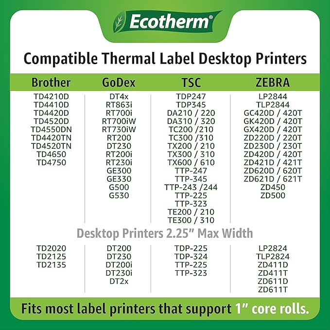 2" x 1.5" Thermal Labels | 6 Rolls | 8220 Labels | fits Zebra, Munbyn, Rollo, Godex, Arkscan, iDPRT, Offnova Thermal Label Printers and More | Blank White Adhesive Stickers by Ecotherm
