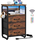 runjuly End Table with LED Light, Charging Station, and Hooks, Rustic Brown | 3 Fabric Drawers Storage, Type C & USB Ports & Power Outlets, Industrial Wood, Small Nightstand for Living Room / Bedroom