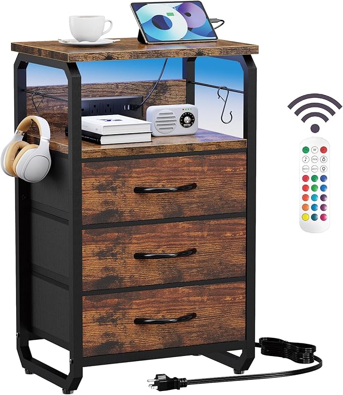 runjuly End Table with LED Light, Charging Station, and Hooks, Rustic Brown | 3 Fabric Drawers Storage, Type C & USB Ports & Power Outlets, Industrial Wood, Small Nightstand for Living Room / Bedroom