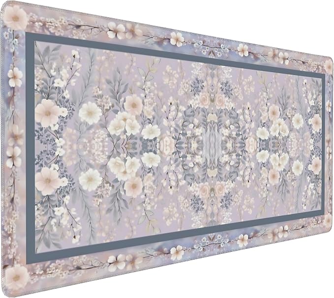 Floral Aesthetic Rose Gaming Mouse Pad, Purple Rug Desk Mat with Anti-Slip Base & Stitched Edges, Office & Home Desk Decor for Women, 35.4" x 15.7" in Computer Desktop Mat