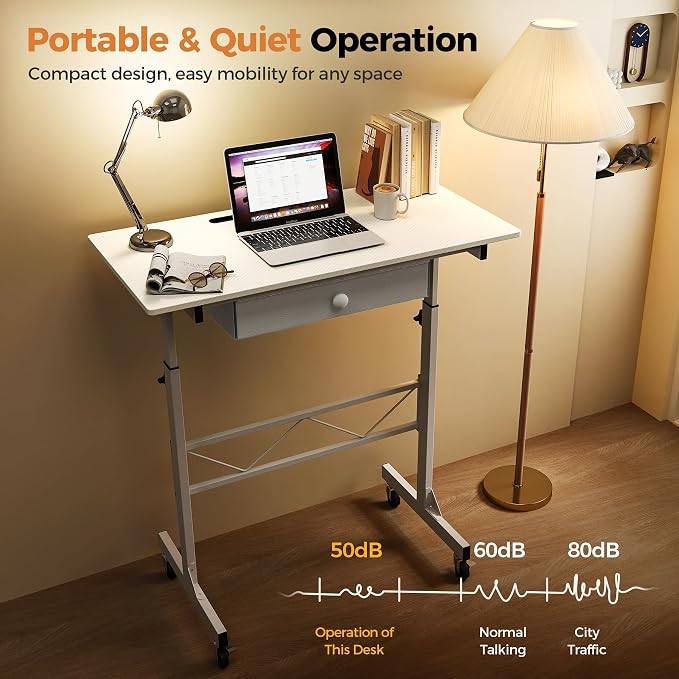 COMHOMA Portable Standing Desk Adjustable Height 30.7"-46.4", Standing Desk with Drawers, Mobile Rolling Computer Desk for Home Office Work and Walking Pad Treadmill, Carbon Fiber White