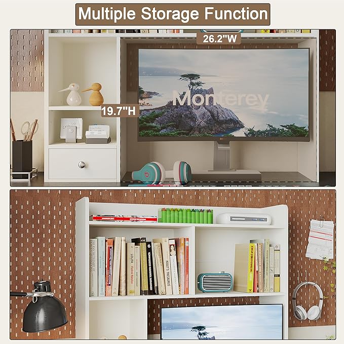 ChooChoo Desktop Bookshelf with Lights and 5 Shelves and 1 Drawer | 36.4" Tall Countertop Desk Hutch, Computer Desk, Desk Shelf Organizer, Dorm Office Home, White