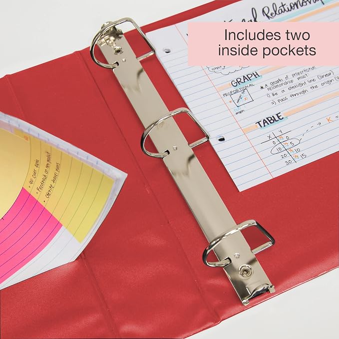 BAZIC Products 2" Red 3-Ring View Binder, Slant-D Ring, 2 Pockets, 12-Case | 2 inside pockets, 2 in Red view 3-ring binder, slant-D rings, holds up to 480 sheets, Durable poly cover