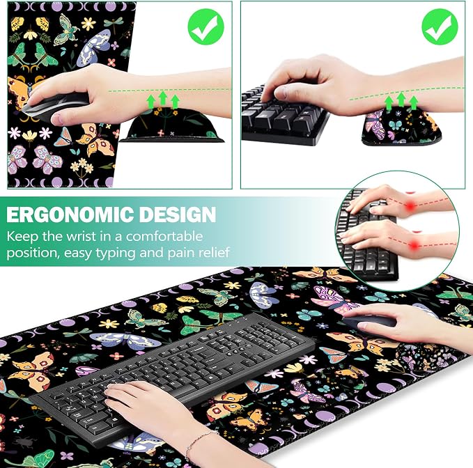 Desk Mat Set, Black Butterfly Extended Gaming Mouse Pad with Wrist Rest Support +Keyboard Wrist Rest +Coaster, Large Cute Mousepad, Easy Typing and Pain Relief