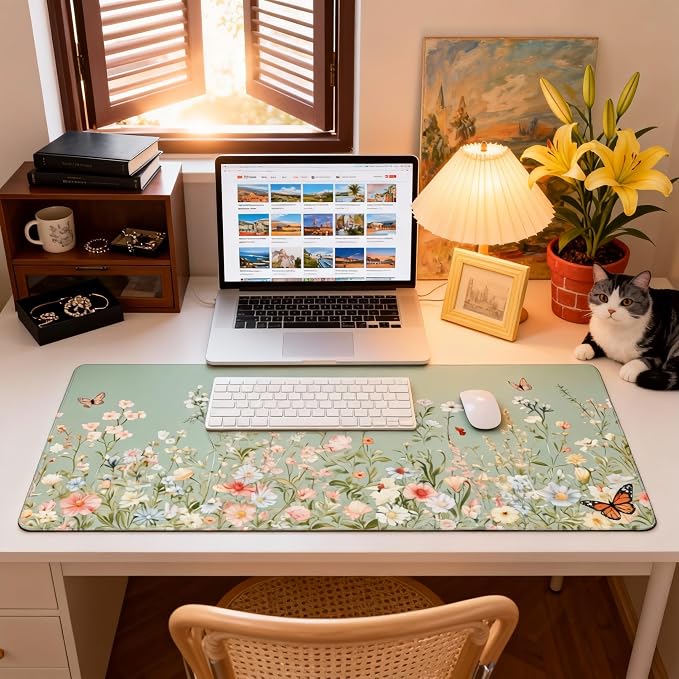 Cute Floral Aesthetic Wildflower Gaming Mouse Pad, Sky Blue Macaron Desk Mat with Anti-Slip Base & Stitched Edges, Computer Keyboard & Laptop Pad, 35.4" x 15.7" in in Workstation Accessories
