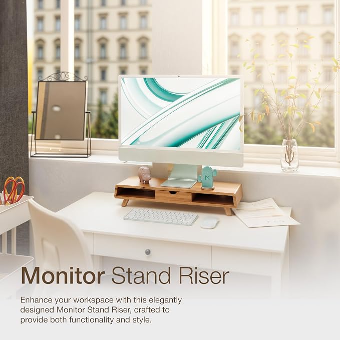 Tinamo Acacia Monitor Stand with Drawer, Multi-Purpose Storage (Patented) | Acacia Wood, Fits Monitors up to 32", Built-in Drawer, Hidden Storage, Non-slip, Round Edge, Ergonomic Height, Easy Assembly