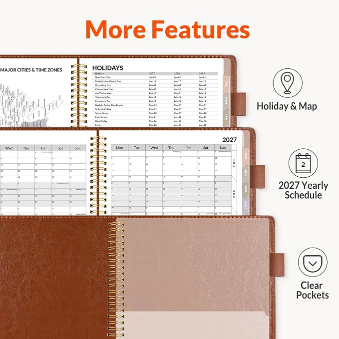 SUNEE 2027 Weekly & Monthly Planner 6.2"x8.5"- 12 Month (January 2027 - December 2027), Vegan Leather Cover, Pocket, Bookmark, Notes, Monthly Tab, Brown
