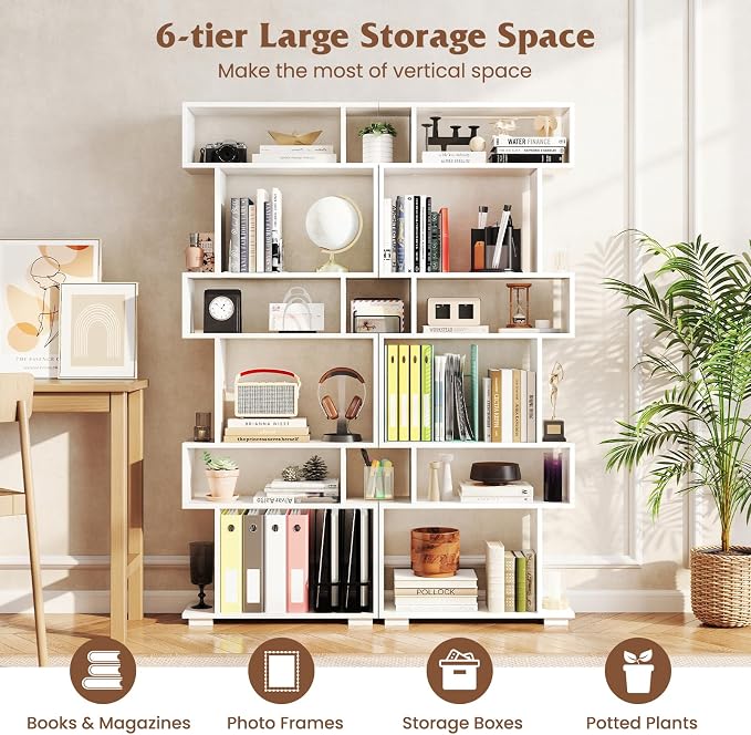 Tangkula 6-Tier S-Shaped Bookshelf, 64" Freestanding Geometric Bookcase, Home Office Wood Storage Shelf with Anti-Toppling Device, Room Divider Display Rack for Study, Living Room (1, White)