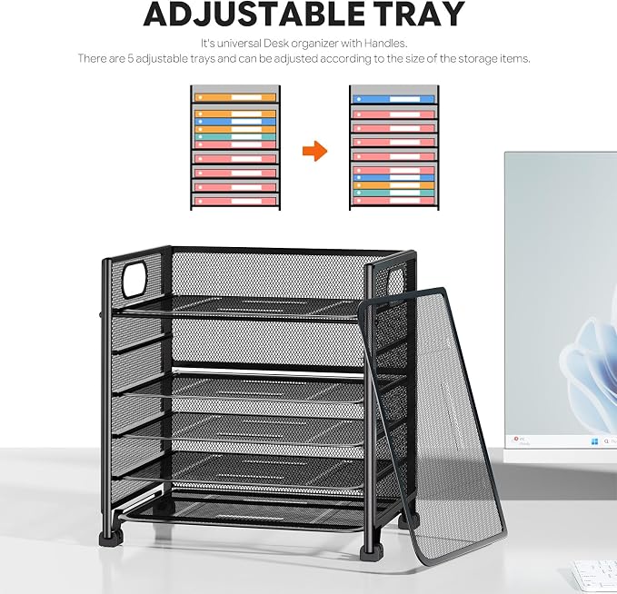 Simple Trending 6-Tier Paper Tray Organizer, File Organizer for Desk, Black | Letter Tray Holder with Handle. Sturdy Metal Frame. Non-slip Feet. Black for Office Home School. 13"L x 8.75"W x 14.6"H