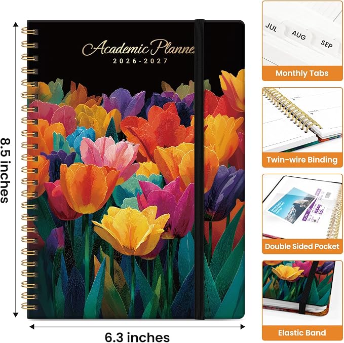 Taja Planner 2026-2027, Jul 2026-Jun 2027 Monthly & Weekly Calendar Planner | 6.3" x 8.5", Hardcover Academic Calendar, Teacher Student Agenda Book with Tabs, School Office Supplies, Tulip Blaze