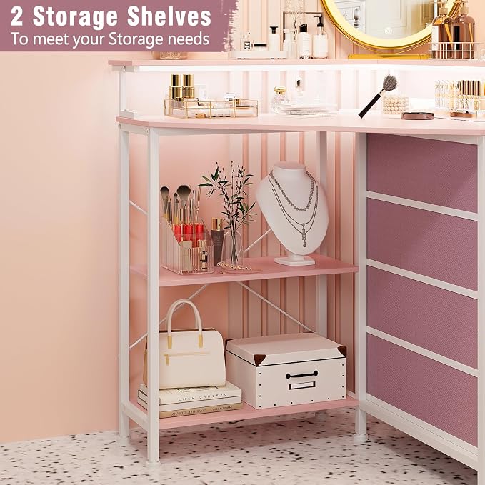 VENNQD Corner Desk with Drawers Shelves for Small Space 90 Degrees Triangle Computer Desk with Power Outlets,Gaming Desk with LED Lights Monitor Stand for Home Office Workstation Writing Table (Pink)