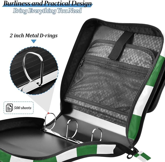 Dark Green White Checkered 3 Ring Zipper Binder with Handle 1.5 inch Binder Organizer, Multi Pockets Office File Folder with Shoulder Strap 500 Sheet Capacity