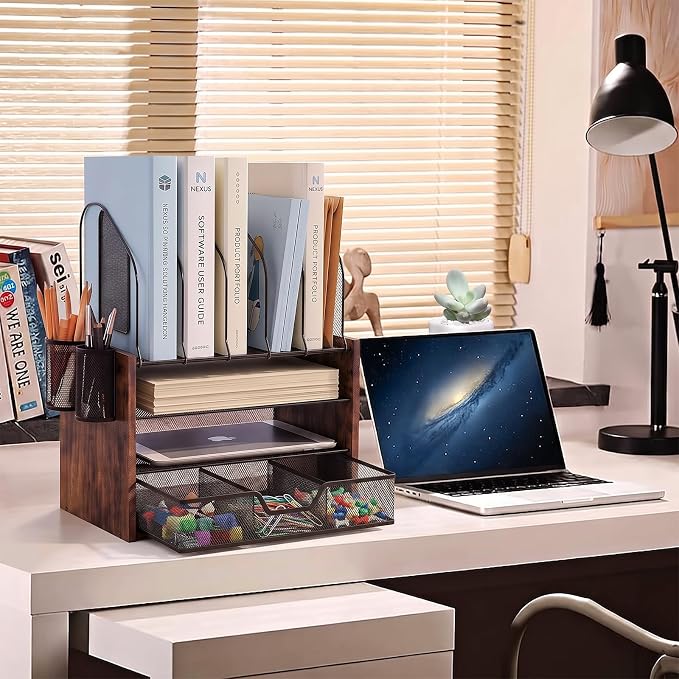 Wood Desk Organizer - 4-Tier Desktop File Organizer with Drawer, Wooden Paper Tray, Vertical File Holders & 2 Pencil Holders - Office Desk Organizer for Papers, Mail, Notebooks, Stationery