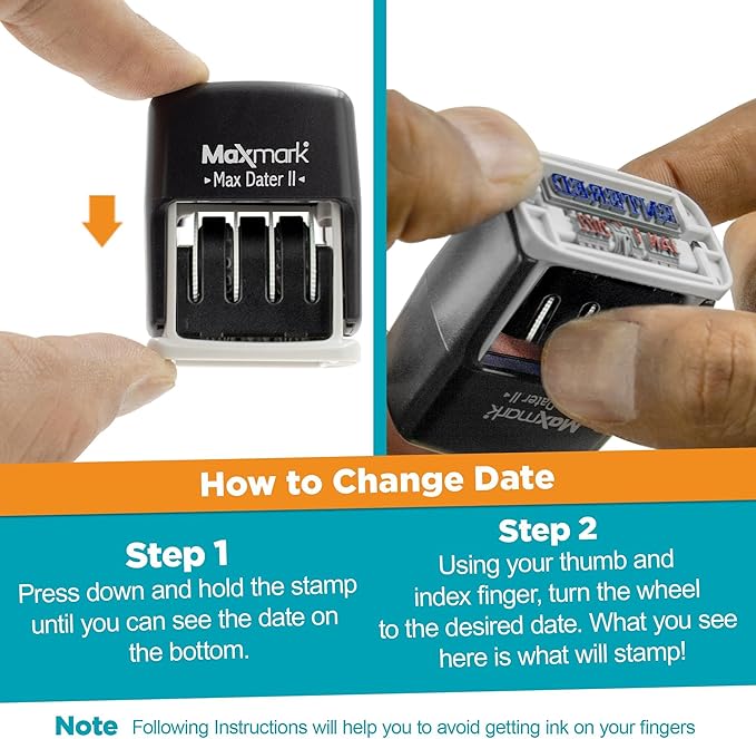 MaxMark Self-Inking Rubber Date Office Stamp with Due by Phrase & Date - 2 Color Blue/Red Ink (Max Dater II), 12-Year Band