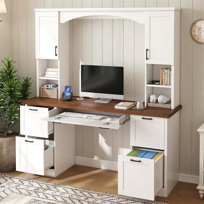 Merax Farmhouse Arched 67" Computer Desk with Power Outlets & Keyboard Tray | Wood Executive Home Office Desk with Hutch, Writing Desk with Storage Drawers for Working Study, White