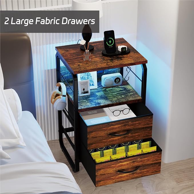 runjuly Small End Table with LED Light, Charging Station, and Hooks, Brown | 2 Fabric Drawers Storage, Type C & USB Ports & Power Outlets, Industrial Wood, Metal Nightstand for Living Room / Bedroom