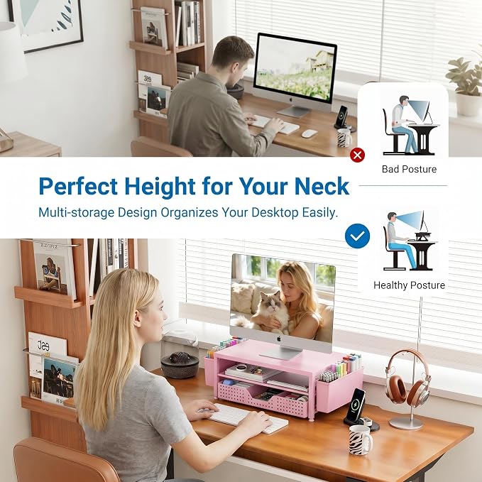 Desk Organizers and Accessories, Computer Monitor Stand Riser with Drawer and 2 Pen Holders, Printer & Laptop Stand, Office Desk Accessories & Workspace Organizers for Home Office Supplies, Pink