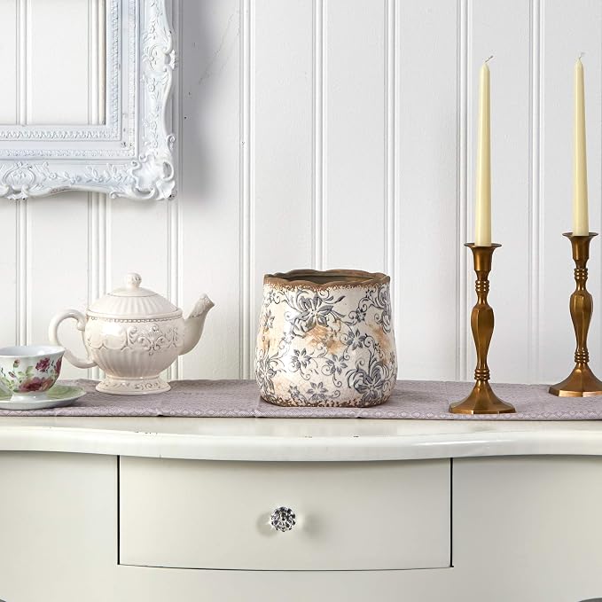 Nearly Natural 7 in Tuscan Ceramic Gray Scroll Decorative Planter | Artisanal Style, Quality Ceramic, Indoor Home, Shelf, and Table Decor